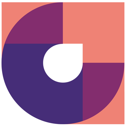 The Center by Lendistry C Logo featuring angled C in shades of purple placed in the lower left corner of a peach colored square